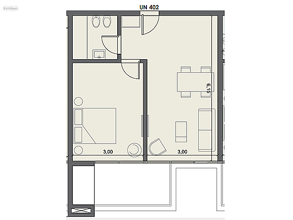 Unidad 402 – 1 dormitorio.<br><br>Área int: 41 m².<br>Área externa: 9 m². <br><br>TOTAL: 50 m².