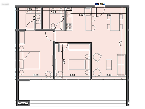 Unidad 403 – 2 dormitorios.<br><br>Área int: 61 m².<br>Área externa: 19 m². <br><br>TOTAL: 80 m².