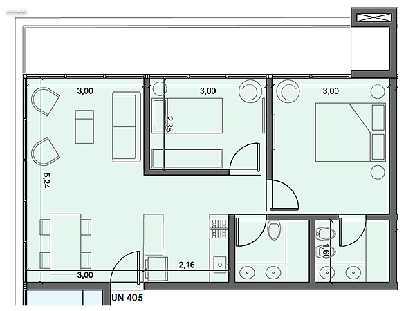 Unidad 405 – 2 dormitorios.<br><br>Área int: 52 m².<br>Área externa: 14 m². <br><br>TOTAL: 66 m².