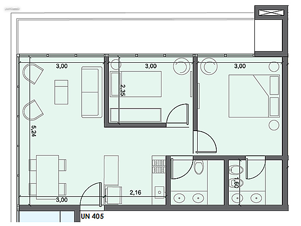 Unidad 405 – 2 dormitorios.<br><br>rea int: 52 m.<br>rea externa: 14 m. <br><br>TOTAL: 66 m.