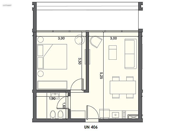 Unidad 406 – 1 dormitorio.<br><br>Área int: 35 m².<br>Área externa: 10 m². <br><br>TOTAL: 45 m².