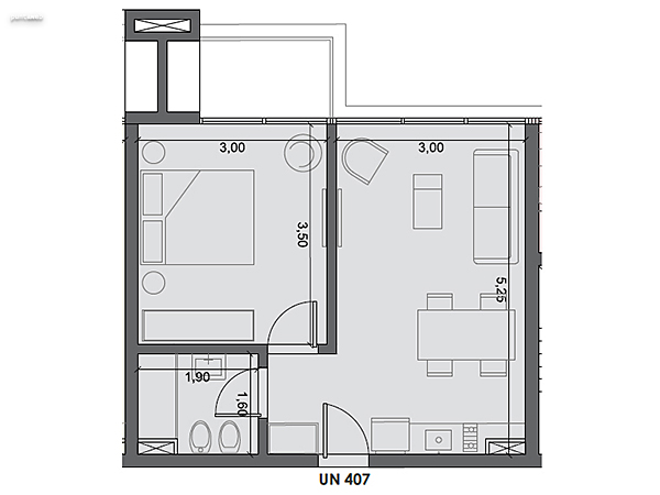 Unidad 407 – 1 dormitorio.<br><br>Área int: 35 m².<br>Área externa: 4 m². <br><br>TOTAL: 39 m².