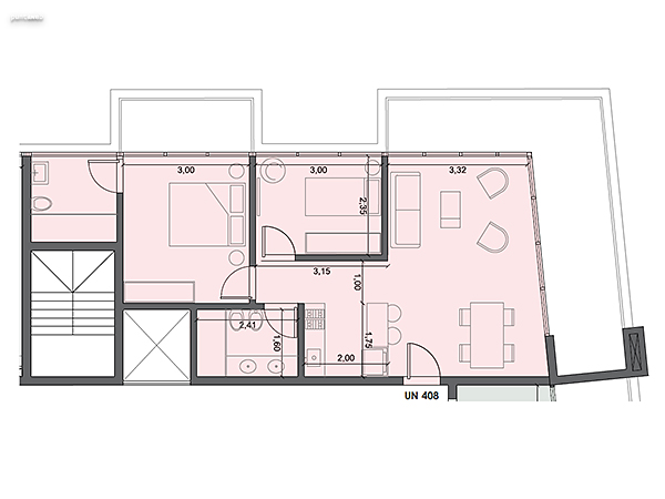 Unidad 408 – 2 dormitorios.<br><br>Área int: 57 m².<br>Área externa: 24 m². <br><br>TOTAL: 81 m².