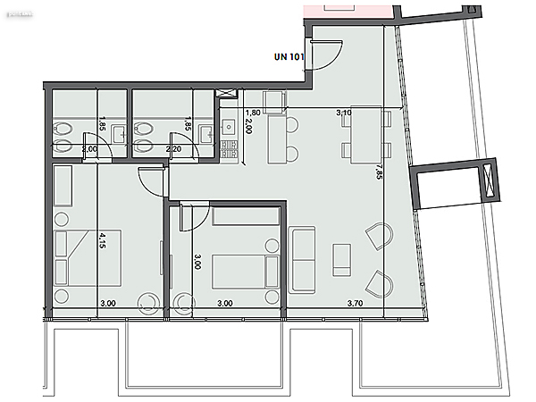 Unidad 101 – 2 dormitorios.<br><br>rea int: 68 m.<br>rea externa: 34 m. <br><br>TOTAL: 102 m.