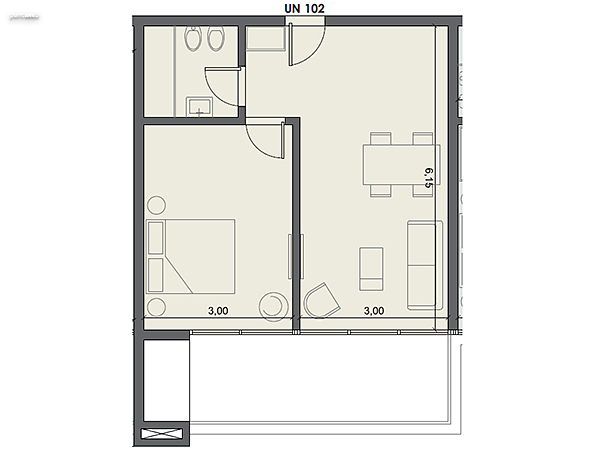 Unidad 102 – 1 dormitorio.<br><br>Área int: 41 m².<br>Área externa: 13 m². <br><br>TOTAL: 54 m².