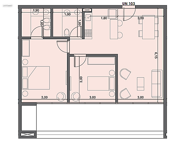 Unidad 103 – 2 dormitorios.<br><br>Área int: 61 m².<br>Área externa: 19 m². <br><br>TOTAL: 80 m².