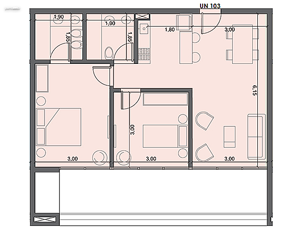 Unidad 103 – 2 dormitorios.<br><br>rea int: 61 m.<br>rea externa: 19 m. <br><br>TOTAL: 80 m.