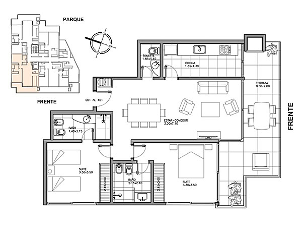 Unidades del 001 al 401<br>2 dormitorios en suite<br>Bao social<br>Terraza con parrillero<br>Cocina independiente<br><br>rea propia: 80.6 m<br>Terrazas: 18.4 m<br>rea comn: 14 m<br>rea total: 113 m