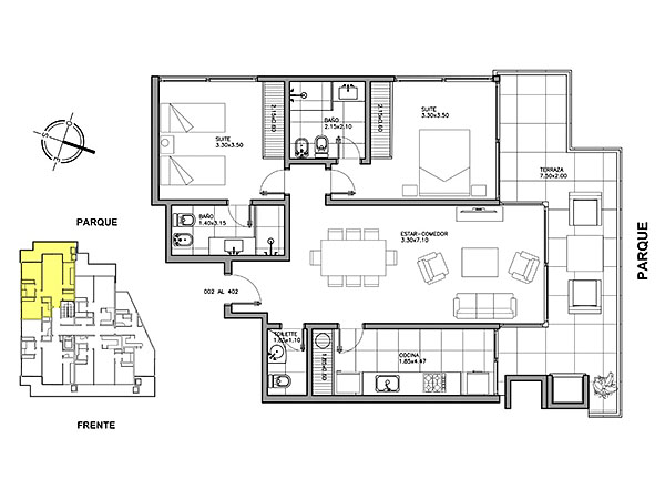 Unidades del 002 al 402<br>2 dormitorios en suite<br>Bao social<br>Terraza con parrillero<br>Cocina independiente<br><br>rea propia: 82.6 m<br>Terrazas: 20.5 m<br>rea comn: 15 m<br>rea total: 118.1 m