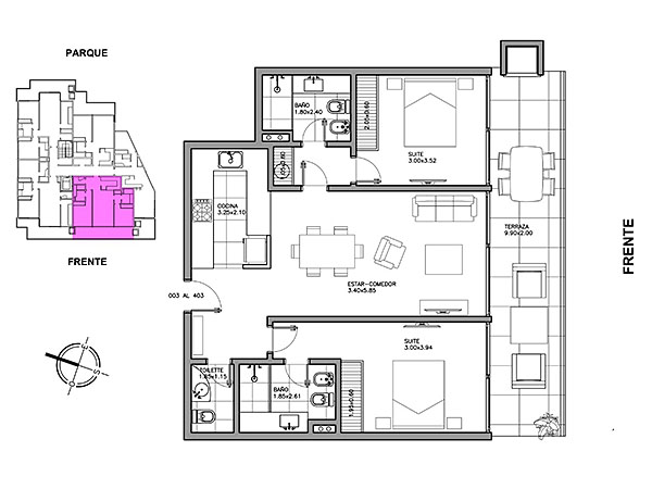 Unidades del 003 al 403<br>2 dormitorios en suite<br>Bao social<br>Terraza con parrillero<br>Cocina independiente<br><br>rea propia: 81 m<br>Terrazas: 18 m<br>rea comn: 14 m<br>rea total: 113 m