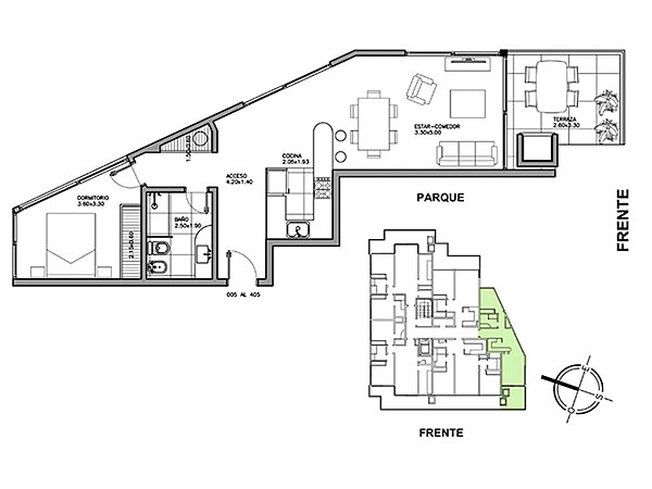 Unidades del 005 al 405<br>1 dormitorio en suite<br>Terraza con parrillero<br>Cocina integrada<br><br>rea propia: 57.6 m<br>Terrazas: 9 m<br>rea comn: 9.6 m<br>rea total: 76.2 m