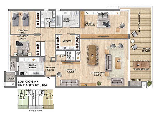 Edificio 6 y 7 – Unidad 101 – 104<br><br>– rea interior: 174,8 m<br>– rea exterior: 42,5 m<br>– Garaje y baulera: 17 m<br>– rea comn: 22,8 m<br>– rea total (incluyendo rea comn): 257,1 m