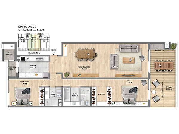 Edificio 6 y 7 – Unidad 102 – 103<br><br>– rea interior: 117,7 m<br>– rea exterior: 29,7 m<br>– Garaje y baulera: 17 m<br>– rea comn: 15,5 m<br>– rea total (incluyendo rea comn): 179,9 m