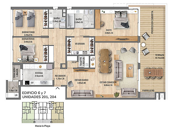 Edificio 6 y 7 – Unidad 201 – 204<br><br>– rea interior: 157,3 m<br>– rea exterior: 42,5 m<br>– Garaje y baulera: 17 m<br>– rea comn: 14,2 m<br>– rea total (incluyendo rea comn): 237,8 m