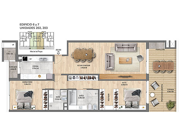 Edificio 6 y 7 – Unidad 202 – 203<br><br>– rea interior: 105,5 m<br>– rea exterior: 20,7 m<br>– Garaje y baulera: 17 m<br>– rea comn: 14,2 m<br>– rea total (incluyendo rea comn): 166,4 m