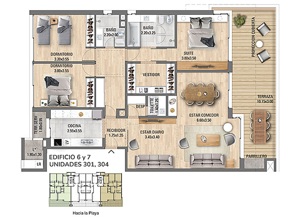 Edificio 6 y 7 – Unidad 301 – 304<br><br>– rea interior: 142,9 m<br>– rea exterior: 39,4 m<br>– Garaje y baulera: 17 m<br>– rea comn: 19,2 m<br>– rea total (incluyendo rea comn): 218,5 m