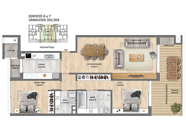 Edificio 6 y 7 – Unidad 302 – 303<br><br>– rea interior: 96,8 m<br>– rea exterior: 26,3 m<br>– Garaje y baulera: 17 m<br>– rea comn: 17 m<br>– rea total (incluyendo rea comn): 153 m