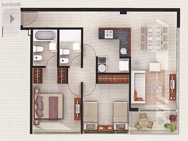 Plano de unidad 2 dormitorios. Dormitorio principal en suite. Baos completos. Living comedor integrados con acceso a terraza. Cocina con mesada en U de granito.