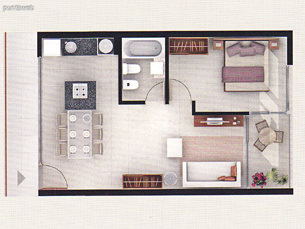 Plano de unidad 2 dormitorios. Dormitorio principal en suite. Baños completos. Living comedor integrados con acceso a terraza. Cocina con mesada en L de granito.