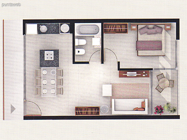 Plano de unidad 2 dormitorios. Dormitorio principal en suite. Baos completos. Living comedor integrados con acceso a terraza. Cocina con mesada en L de granito.