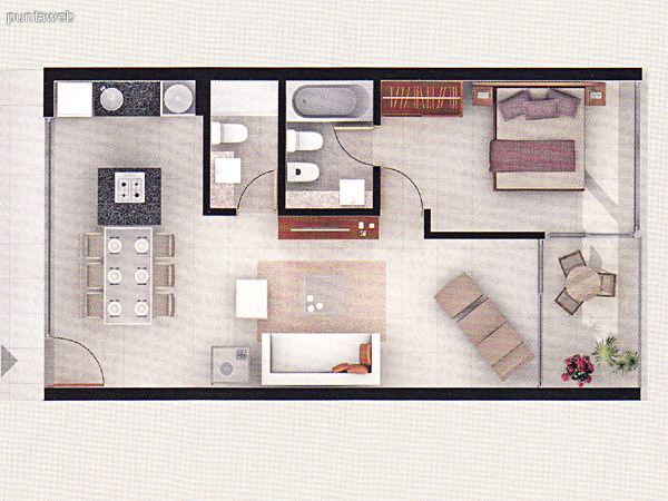 Plano de unidad 1 dormitorio. Posee acceso a terraza desde el dormitorio como del living comedor. Baño completo. Cocina con mesada en linea en granito.