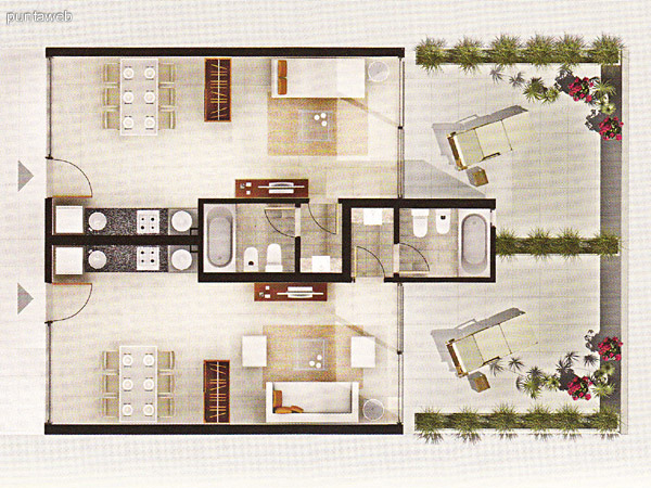 Plano de monoambientes. Cocina con mesada en linea de granito, bao completo y acceso a terraza propia.