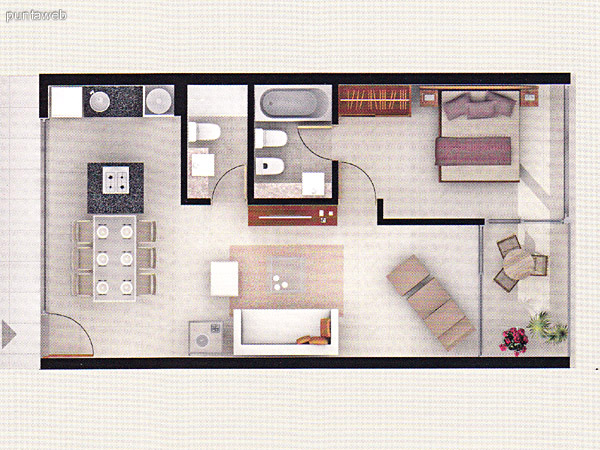 Plano de unidad 1 dormitorio. Posee acceso a terraza desde el dormitorio como del living comedor. Baño completo. Cocina con mesada en linea en granito.