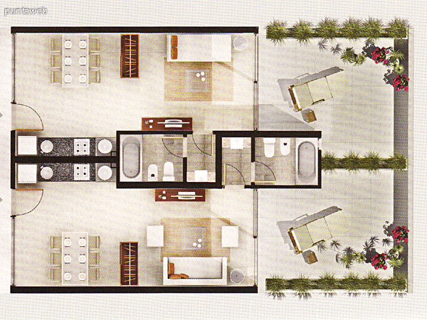 Plano de monoambientes. Cocina con mesada en linea de granito, bao completo y acceso a terraza propia.