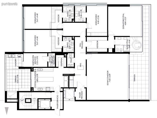 Piso 2do. al 4to. de de 3 dormitorios en suite ms habitacin de servicio con bao, toilette, de 382 m2. totales.<br>Cuenta con ambiente estar de Home Theater.