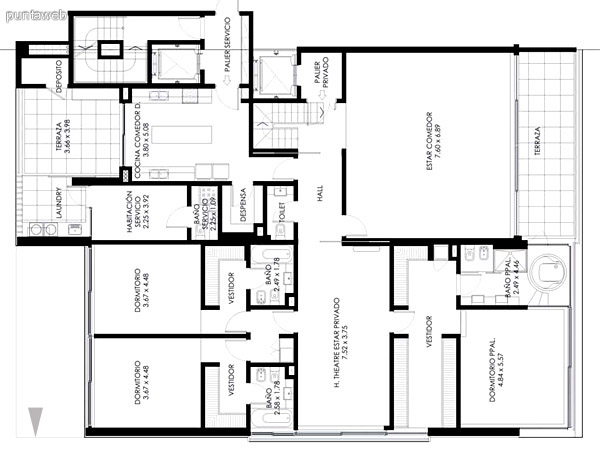 Planta descripta en la ficha, orientada al Ocano Atlntico, de 382 m2 totales, con 4 dormitorios en suite ms habitacin de servicio con bao y toilette de visita.