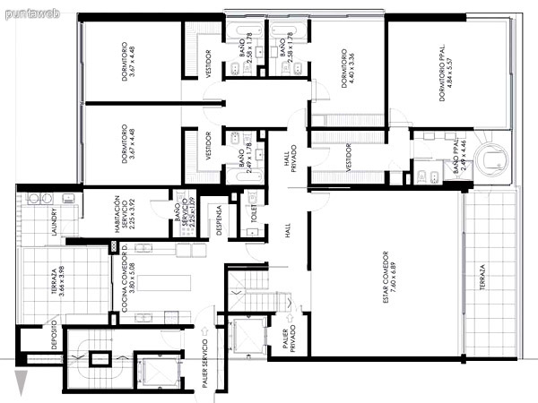 Azotea del Pent House de 3 dormitorios,se visualiza el acceso, espacio cubierto, bao, piscina y fogn.