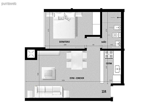 Plano de unidad 03 en primer piso.<br>Un dormitorio con living comedor integrado.