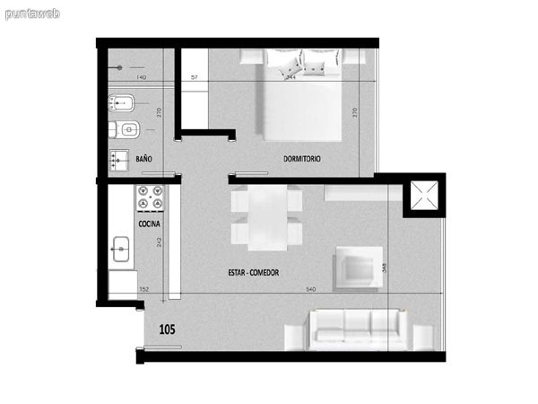 Plano de unidad 04 en primer piso.<br>Un dormitorio con living comedor integrado.<br>