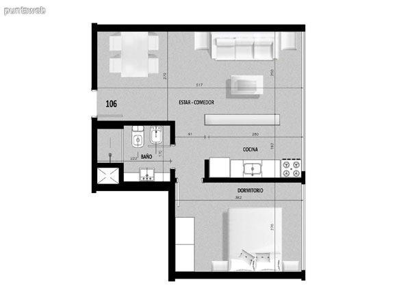 Plano de unidad 05 en primer piso.<br>Un dormitorio con living comedor integrado.