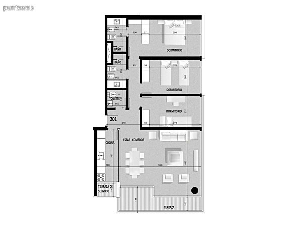 Plano de unidad 06 en primer piso.<br>Un dormitorio con living comedor integrado.