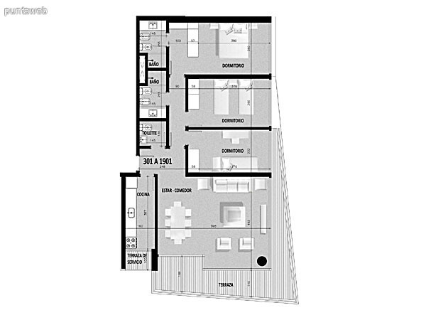 Plano de unidad 01 en segundo piso.<br>Tres dormitorios, principal en suite.<br>Segundo dormitorio con capacidad para dos camas de 2 plazas.<br>Tercer dormitorio con capacidad para una cama de una plaza.<br>Toilette.<br>Cocina exterior con acceso a terraza de servicio.<br>Terraza principal con acceso desde living comedor.