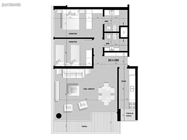 Plano de unidad 01 del tercer al decimonoveno piso.<br>Tres dormitorios, principal en suite.<br>Segundo dormitorio con capacidad para dos camas de 2 plazas.<br>Tercer dormitorio con capacidad para una cama de una plaza.<br>Toilette.<br>Cocina exterior con acceso a terraza de servicio.<br>Terraza principal con acceso desde living comedor.