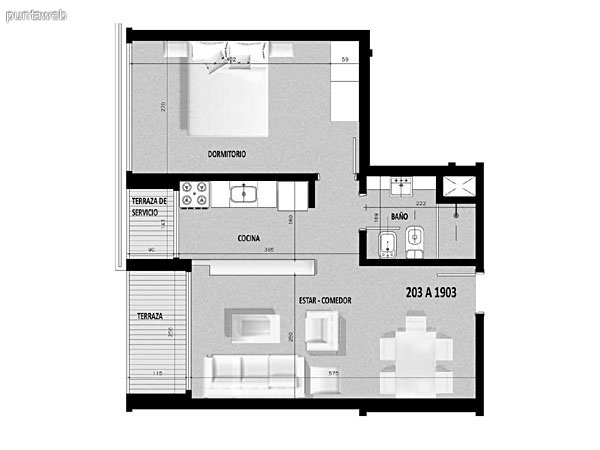 Plano de unidad 02 del segundo al decimonoveno piso.<br>Dos dormitorios en suite, cocina exterior con acceso a terraza de servicio.<br>Terraza principal al frente de la unidad con acceso desde living comedor.