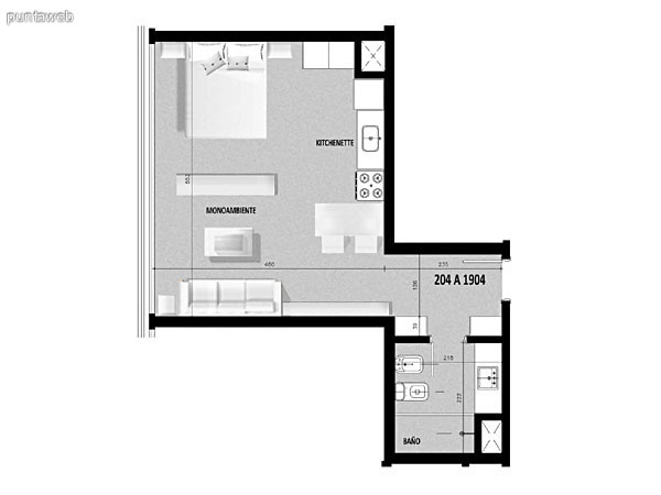 Plano de unidad 03 del segundo al decimonoveno piso.<br>Un dormitorio, cocina con acceso a terraza de servicio.<br>Terraza principal con acceso desde living comedor.