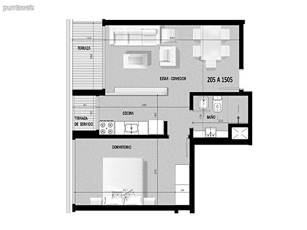 Plano de unidad 04 del segundo al decimonoveno piso.<br>Un dormitorio con living comedor integrado.