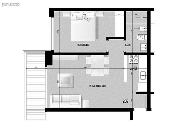Plano de unidad 05 del segundo al decimonoveno piso.<br>Un dormitorio, cocina con acceso a terraza de servicio.<br>Terraza principal con acceso desde living comedor.