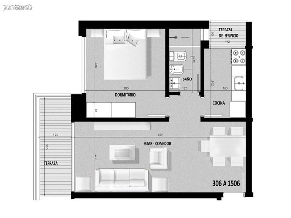 Plano de unidad 06 en segundo piso.<br>Un dormitorio con living comedor y acceso a terraza principal desde el ambiente.