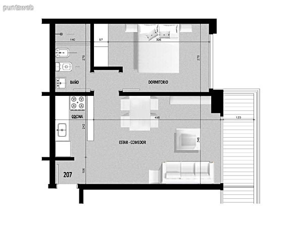 Plano de unidad 06 del tercer al decimoquinto piso.<br>Un dormitorio, cocina con acceso a terraza de servicio.<br>Terraza principal con acceso desde living comedor.