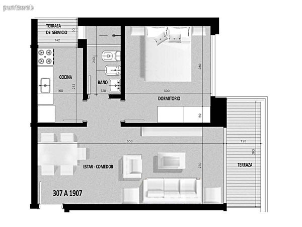 Plano de unidad 07 en segundo piso.<br>Un dormitorio, cocina con acceso a terraza de servicio.<br>Terraza principal con acceso desde living comedor.