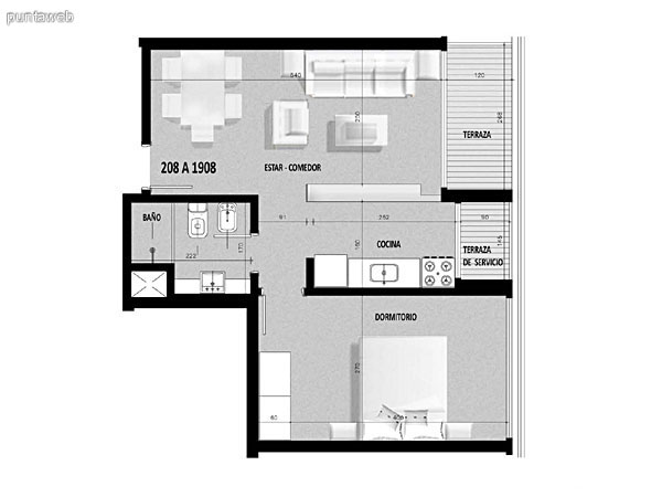 Plano de unidad 07 del tercer al decimonoveno piso.<br>Un dormitorio, cocina con acceso a terraza de servicio.<br>Terraza principal con acceso desde living comedor.
