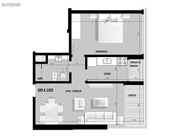 Plano de unidad 08 del segundo al decimonoveno piso.<br>Un dormitorio, cocina con acceso a terraza de servicio.<br>Terraza principal con acceso desde living comedor.
