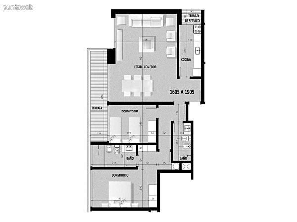 Plano de unidad 09 del segundo al decimonoveno piso.Un dormitorio, cocina con acceso a terraza de servicio.<br>Terraza principal con acceso desde living comedor.