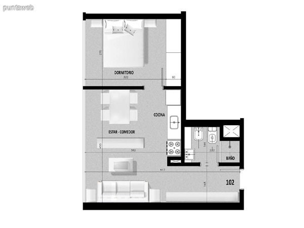 Plano de unidad 01 en primer piso.<br>Un dormitorio con living comedor integrado.