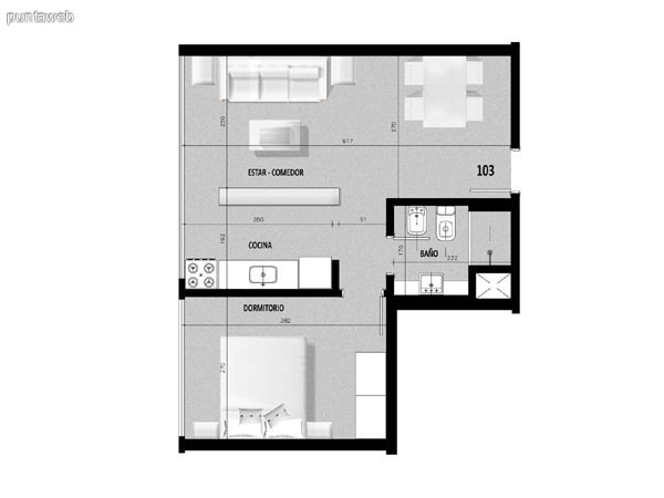 Plano de unidad 02 en segundo piso.<br>Un dormitorio con living comedor integrado.