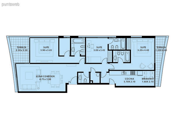 Plano de planta de 3 dormitorios con 4 baos (3 suites + bao social), doble terraza y habitacin de servicio con bao.